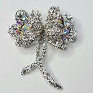 Worth & Douglas WD Signed Rhinestone AB Crystal Vintage Floral Pendant Brooch
